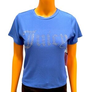 JUICY Stretchy Ribbed Embellished Bling Logo Sleepwear Blue Top NWT Small